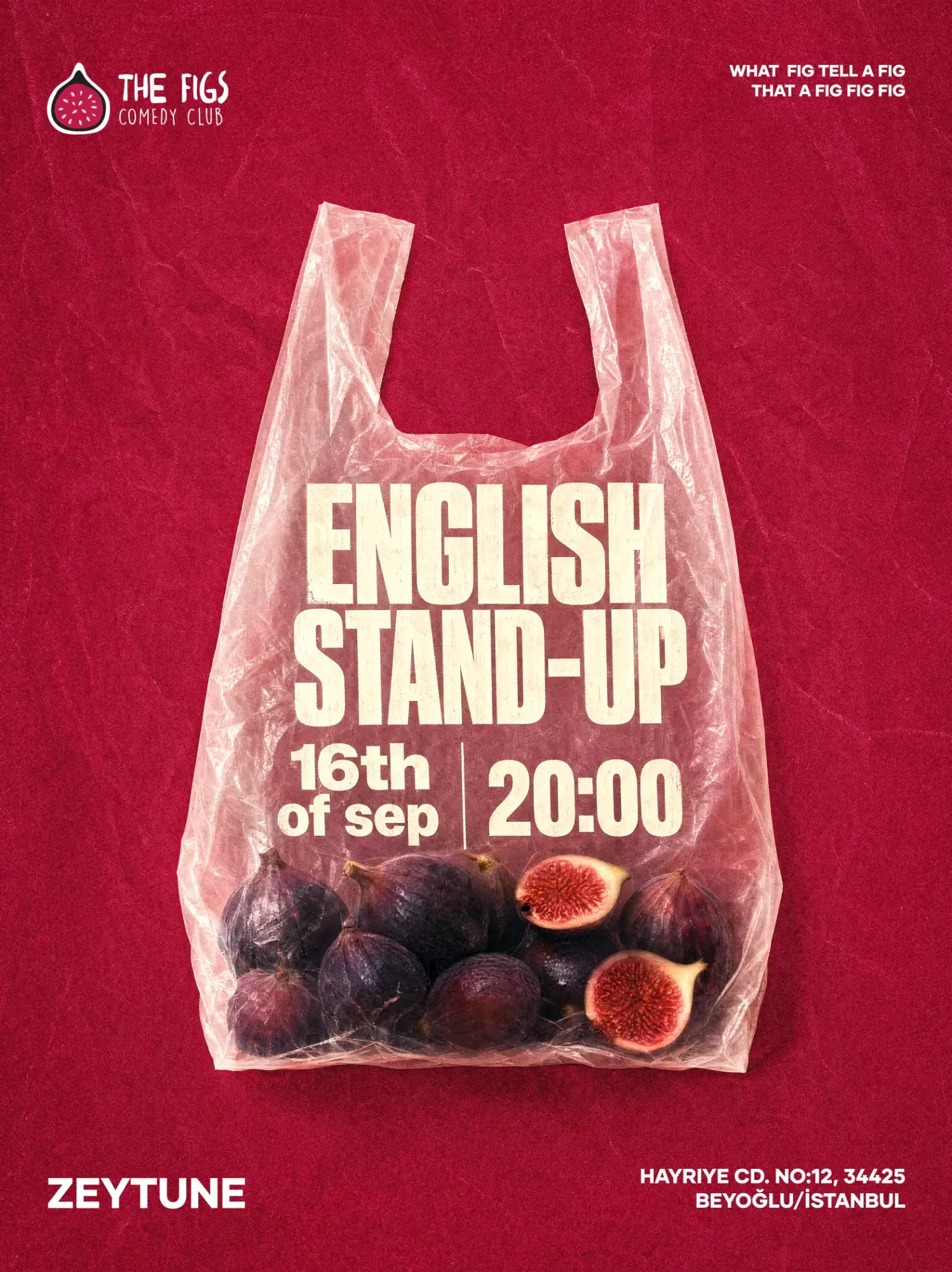English Stand-Up poster: fresh figs in a clear plastic bag on a red background. 16 September, 20:00, Beyoğlu.