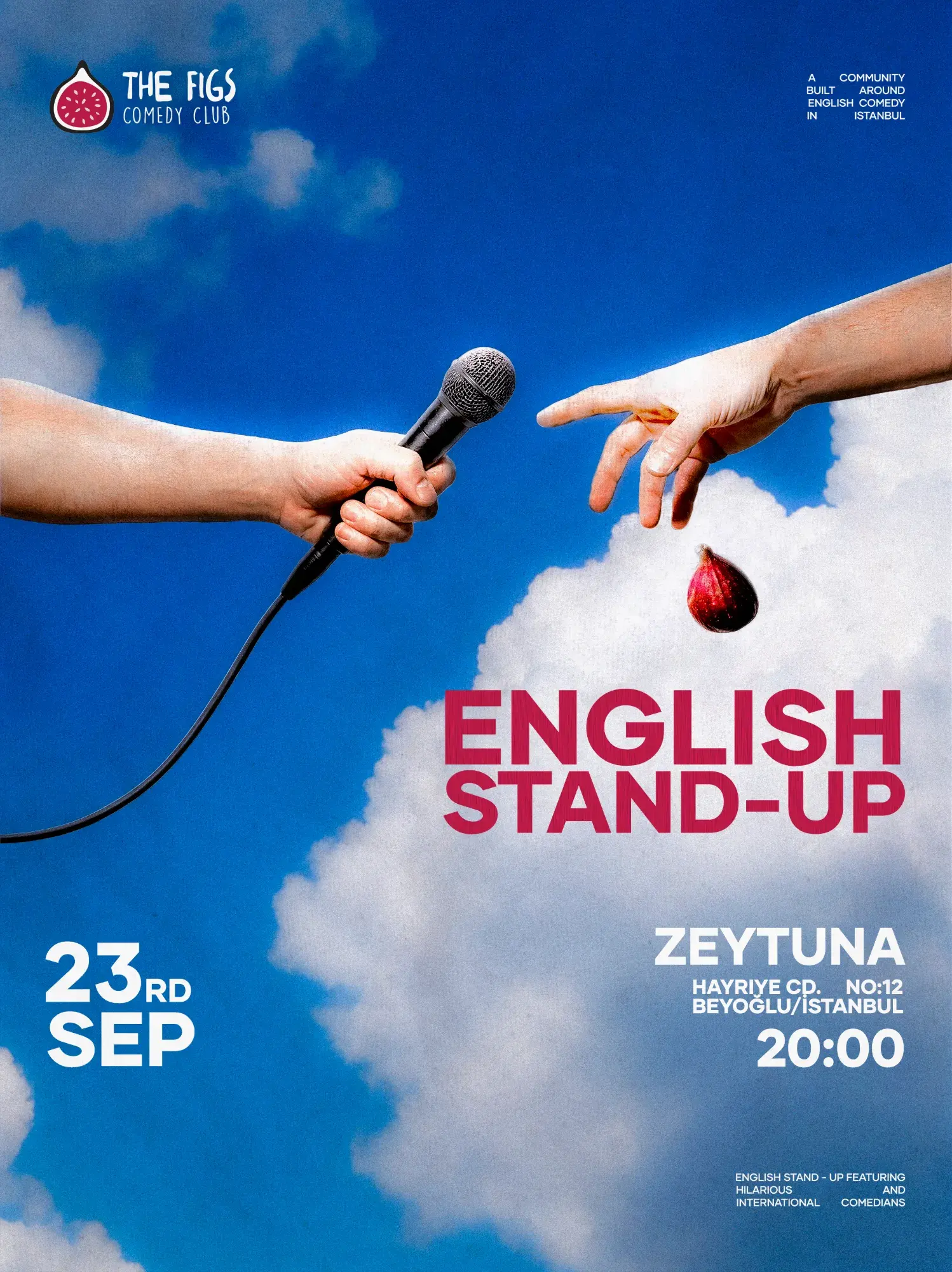 English Stand-Up poster: a hand holding a microphone reaching for a falling fig against a blue sky. 23 September, 20:00, Zeytuna, Beyoğlu.